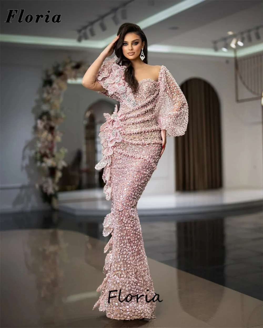 Middle East Evening Dresses Cute Pink Sequins Fabric Formal Occasion Dress Robes De Soiree Handmade Pearls Graduation Party Gown