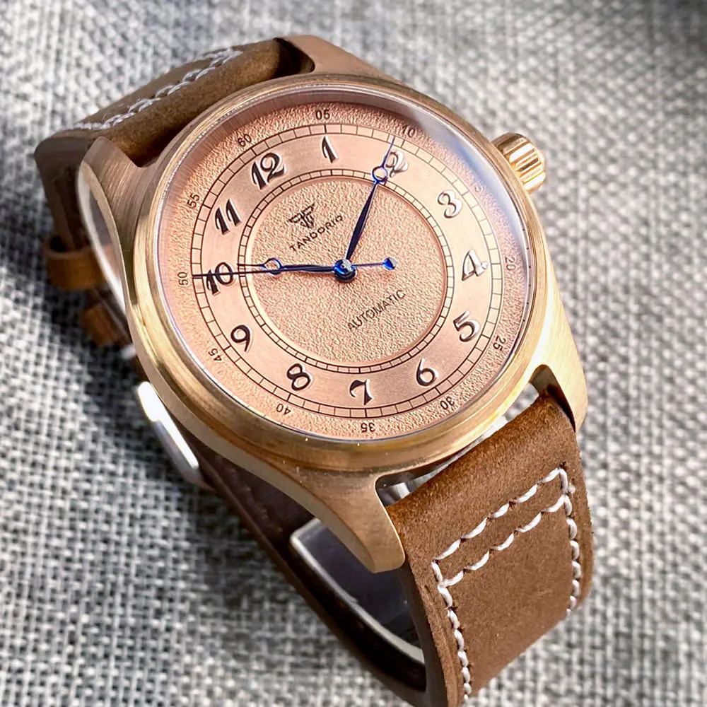 39MM Vintage CuSn8 Real Bronze Vintage Pilot Wristwatch poker blue hands NH35AA PT5000 Dive Mechanical Watch Men 20bar