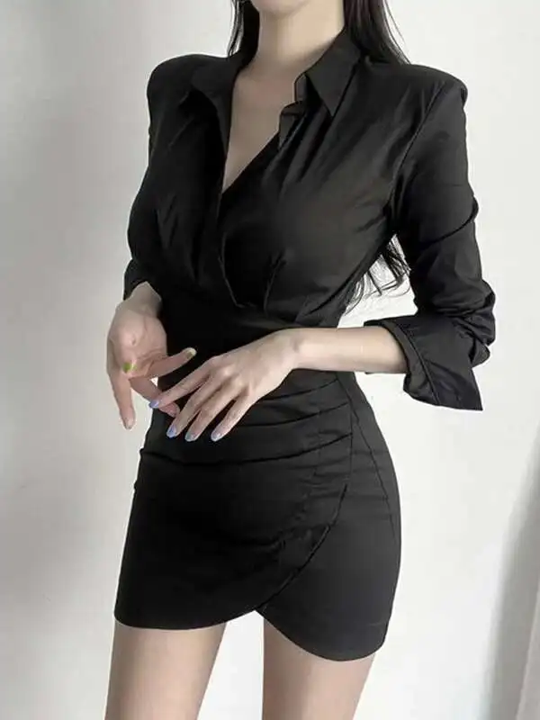 WOMENGAGA Korea Schlank Schulter Polsterung Sexy Taille Schließen Feminine Gefaltetes Hemd Hüfte Gewickelt Kleid Weibliche Kleid Elegante W05U