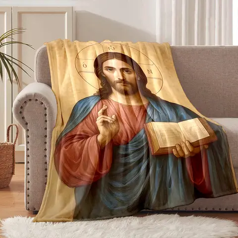 1PC Sacred Pantocrator Faith-printed Flannel Blanket Soft and Warm Suitable for Home Travel Picnics Camping and RV Use