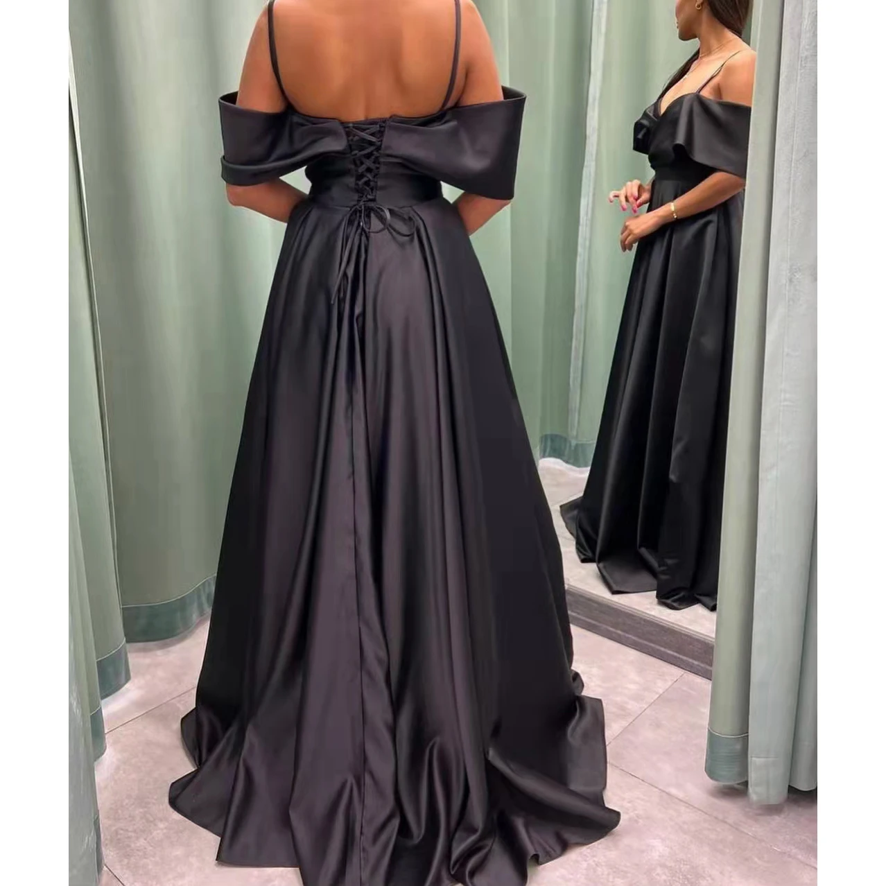 

V Neck Evening Dresses Long A Line فساتين السهرة Robe de soirée Sleeveless Satin Prom Dresses Formal Party Gown with Bow