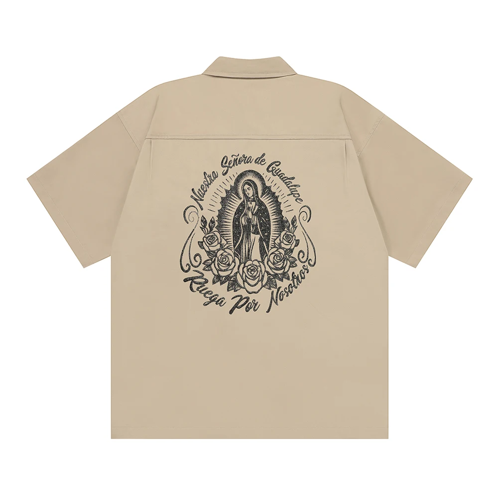 Golden Thread Holy Mother Heavy Industry Embroidered Loose Workwear Shirt Mens Short Sleeve Cotton Loose Baggy Top Tees