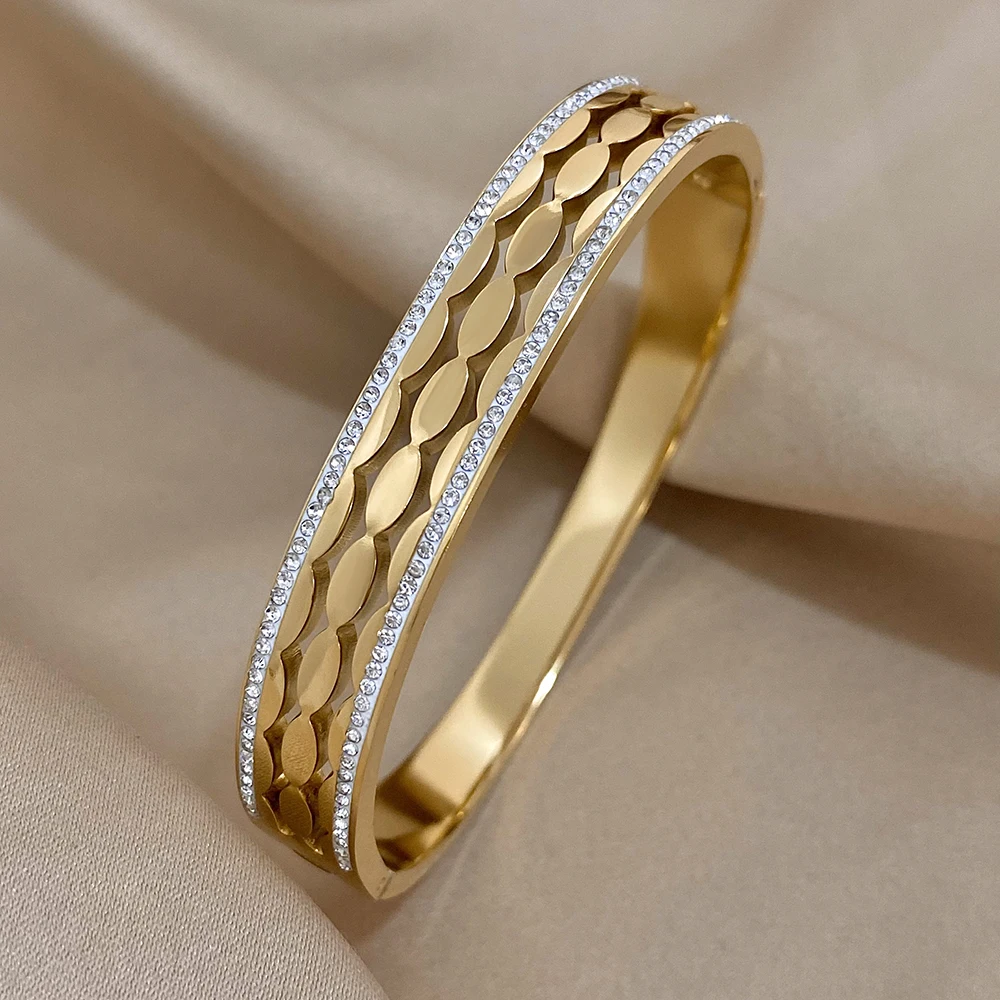 Greatera Trendy Rhinestone Charm Oval Stainless Steel Cuff Bracelet Bangles for Women Gold Plated Waterproof Jewelry