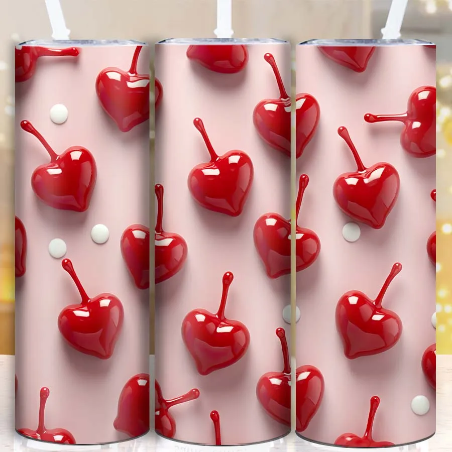 

20 унций узкие стаканы из нержавеющей стали, соломенная крышка, 3D принт, сердце любви, вечерние изолированные чашки для напитков, вакуумная чашка, подарок на день Святого Валентина для нее