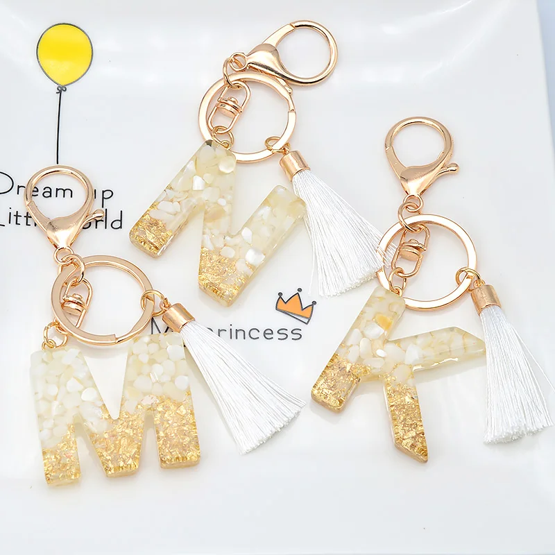 Fashion White Tassel A To Z Letter Keychain 26 Initials Alphabet Glazed Stone Tassel Pendant Car Key Chain Women Jewelry GIfts