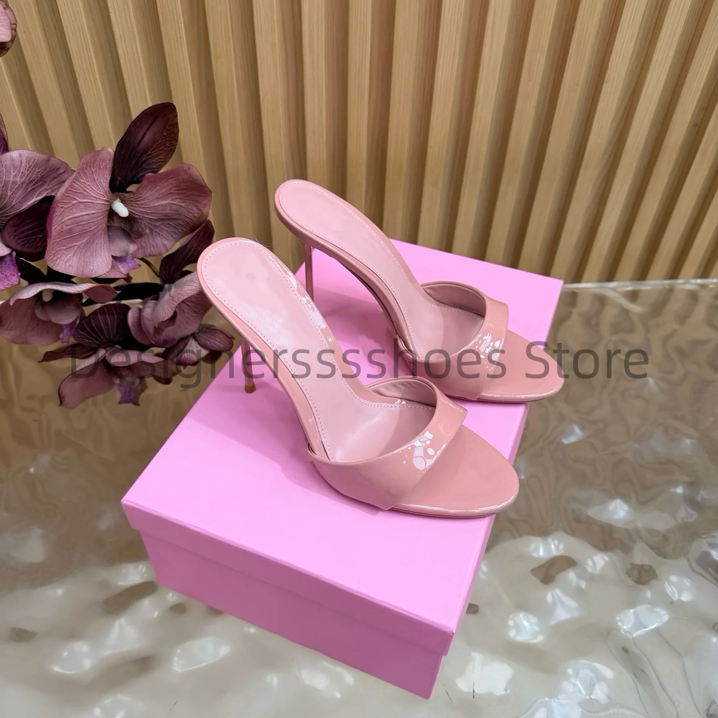 Futuristic Y2K Metallic Mule Heels Patent Leather Goat Skin Insole Real Leather Outsole Women Sandals Size 35-41