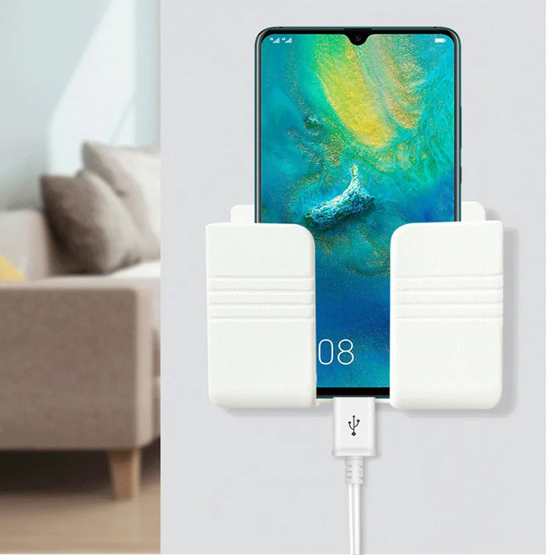3pcs Wall Mount Phone Holder White Punch Free Wall Mobile Phones Charging Stand Lazy Sticky Remote Control Storage Box image 3