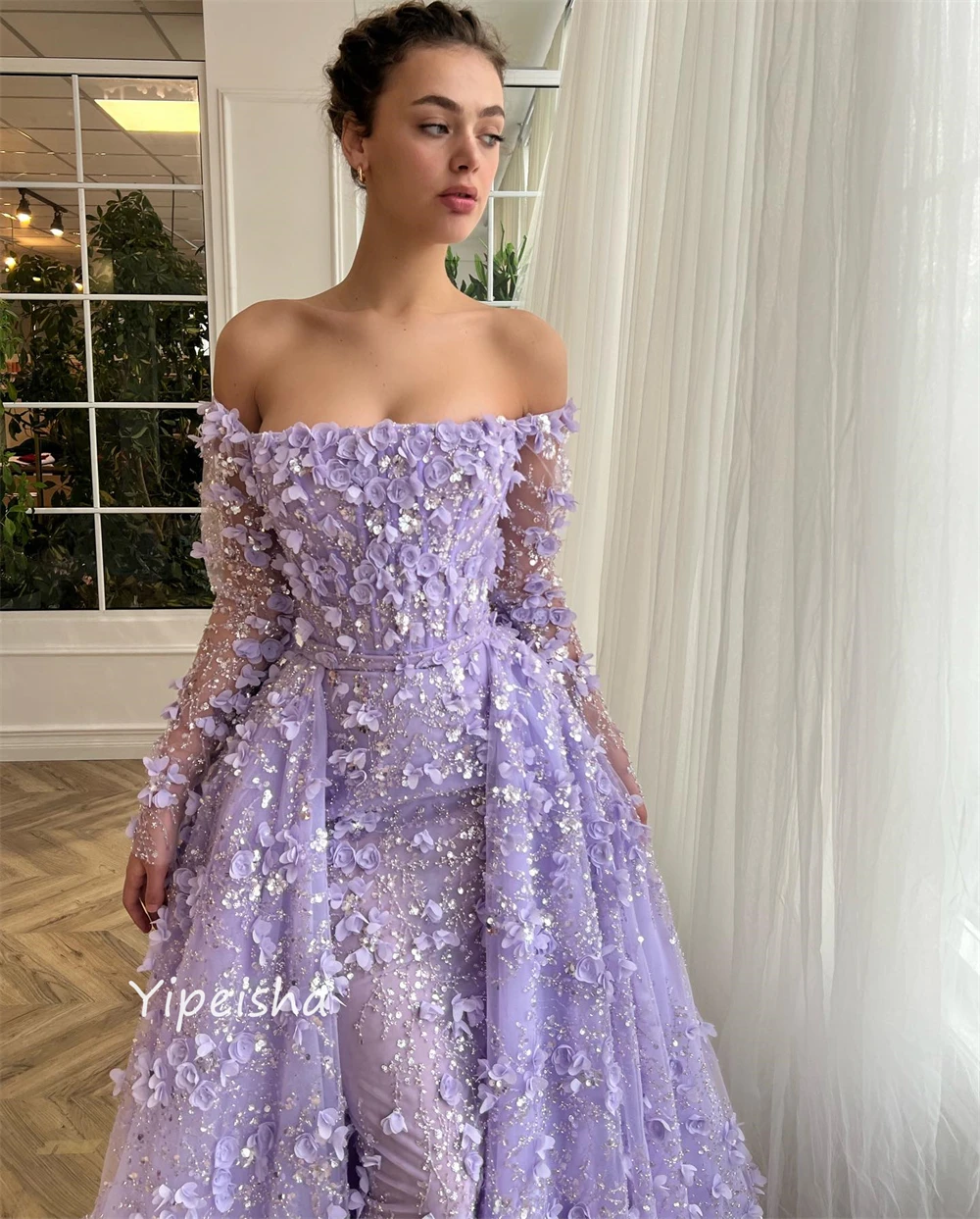 Exquisite Off the Shoulder Ball Gown Beading Sequined Flowers Tulle Bespoke Occasion Dresses Evening