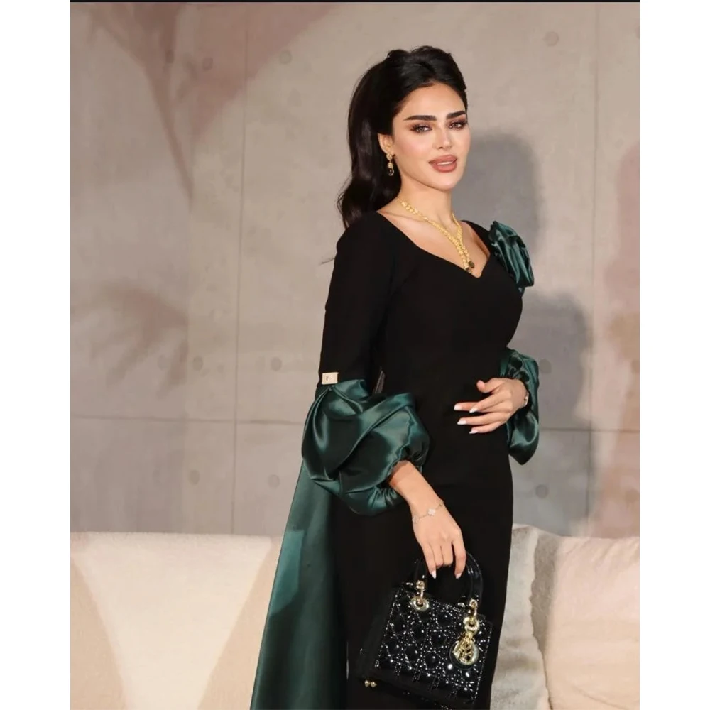 

Customized Vintage Off Shoulder Party Dresses Woman Long Sleeves Flower Pleat Prom Dresses Straight Ankle-Length Eevning Dresses