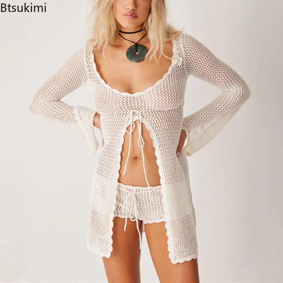 2025 u-pescoço cover-up praia rendas até vestido feminino sexy oco para fora malha manga longa alargamento maiô senhora casual férias beachwear