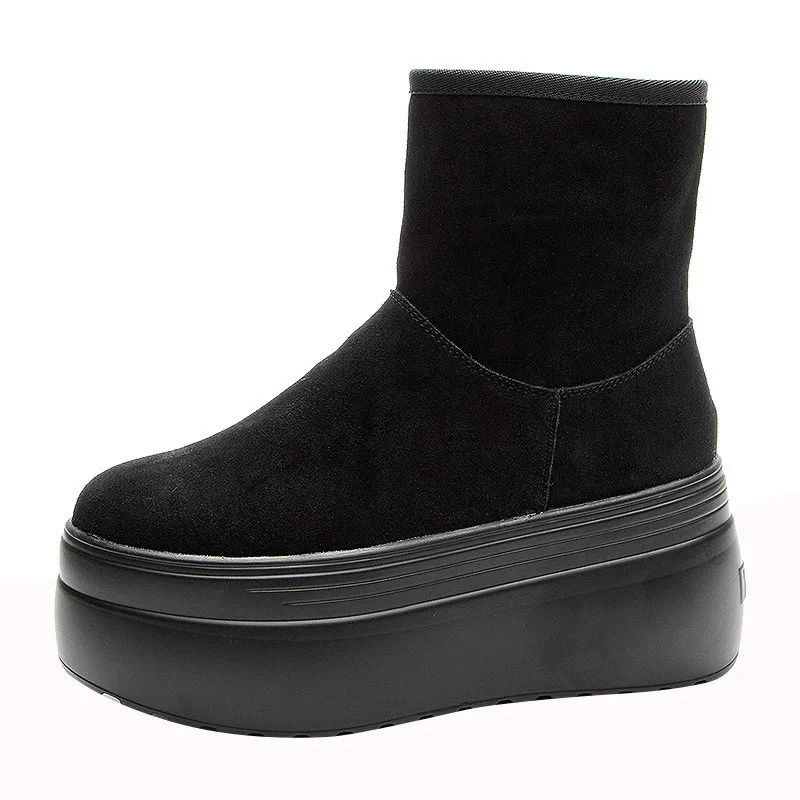 

8cm New Cow Suede Genuine Leather Ankle Snow Boots Platform Wedge Fur Plush Warm Women Winter Shoes Zipper Hidden Heels Shoes