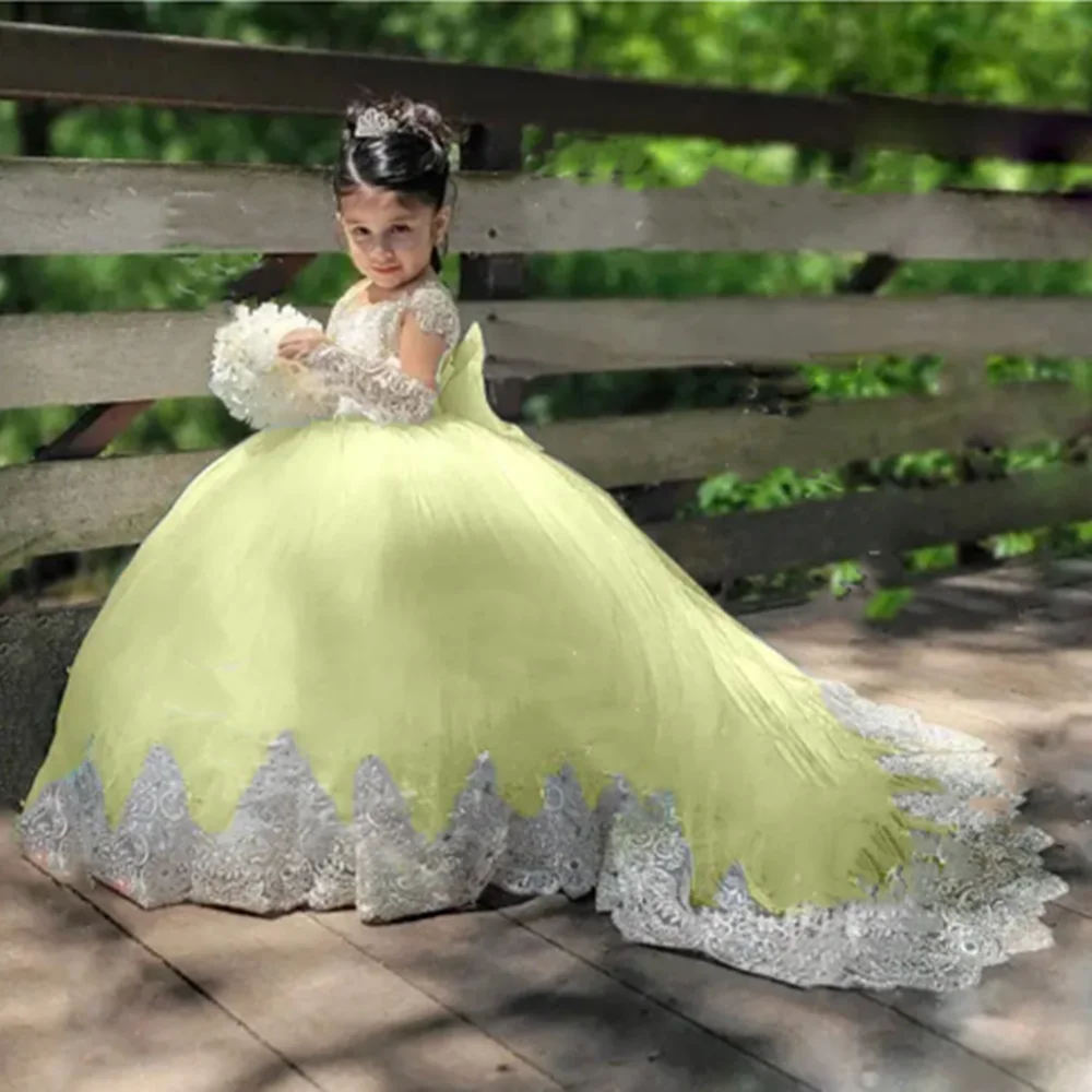 فساتين فتاة الزهور العاجية المخصصة لحفلات الزفاف مزينة بطول الأرض للأطفال وحفلات أعياد الميلاد الأولى