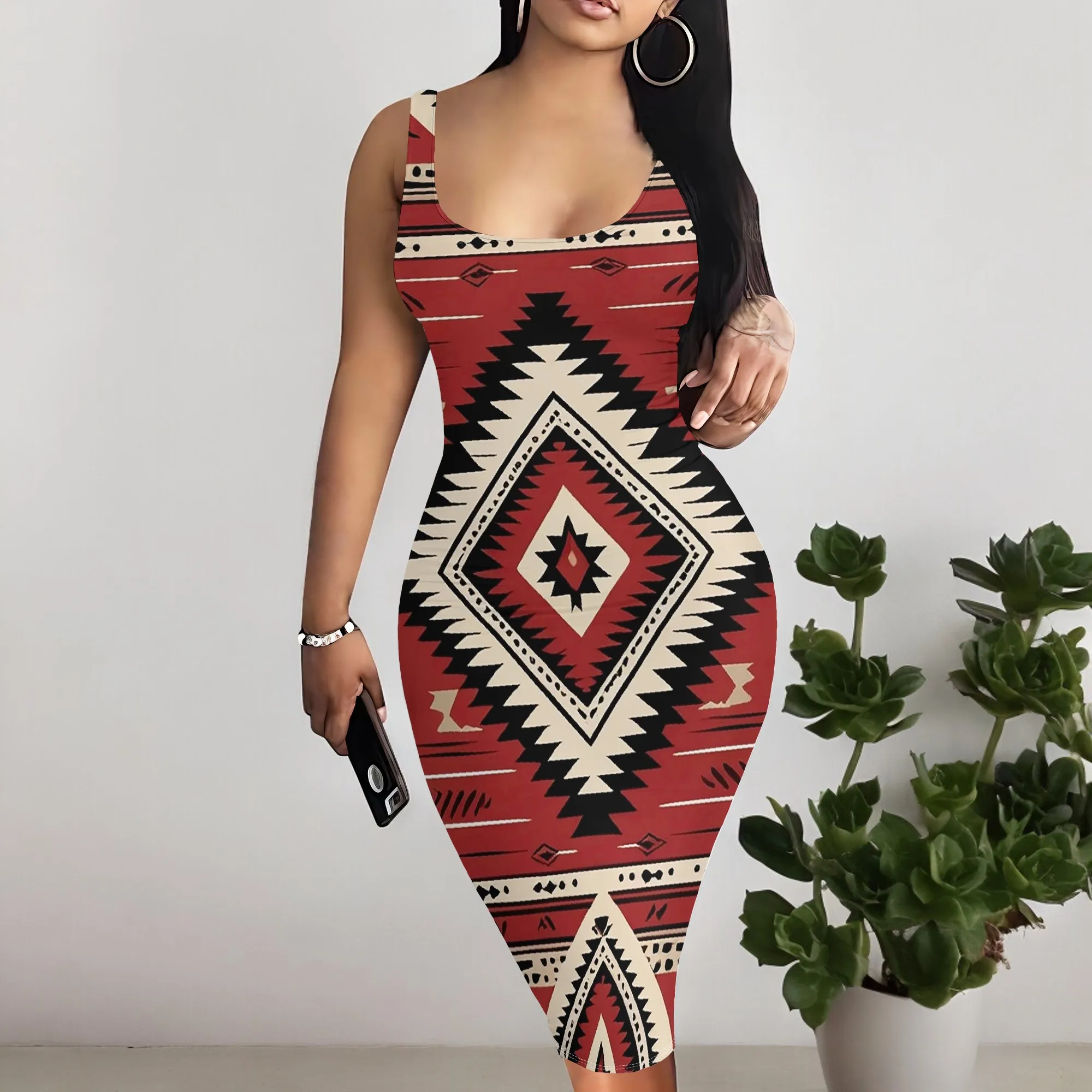 

Women's Bodycon Mini Dress Tribal Print Sleeveless Plus Size Party Club Dress S-3XL