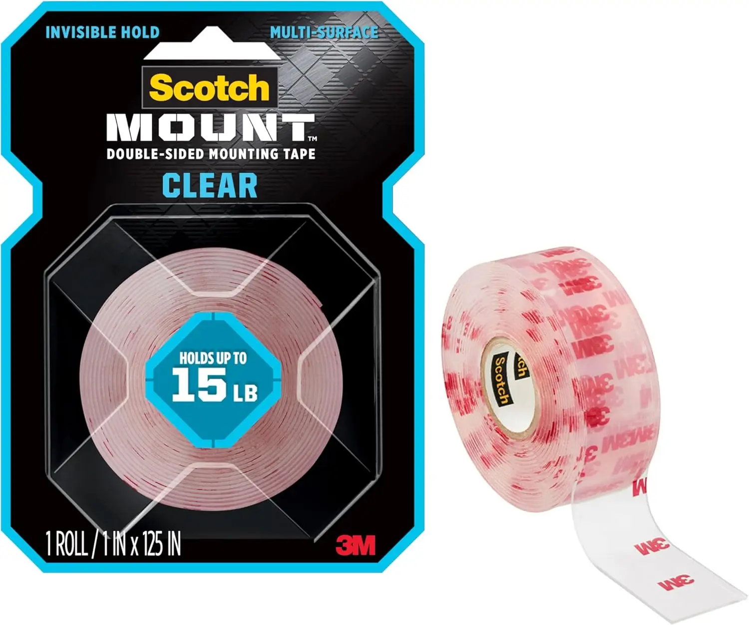 Double Sided Mounting Tape, Clear, 1 in x 125 in, Holds 15 lbs, Strong Permanent Bond, Indoor Use