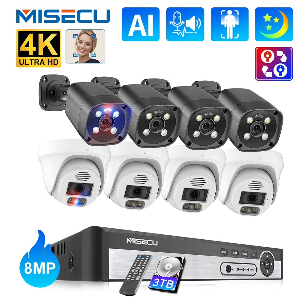 

Misecu POE Video Surveillance Set 8CH 4K 8MP CCTV System Outdoor Dome Two-Way Audio Face Detect Smart Security Camera NVR Kit