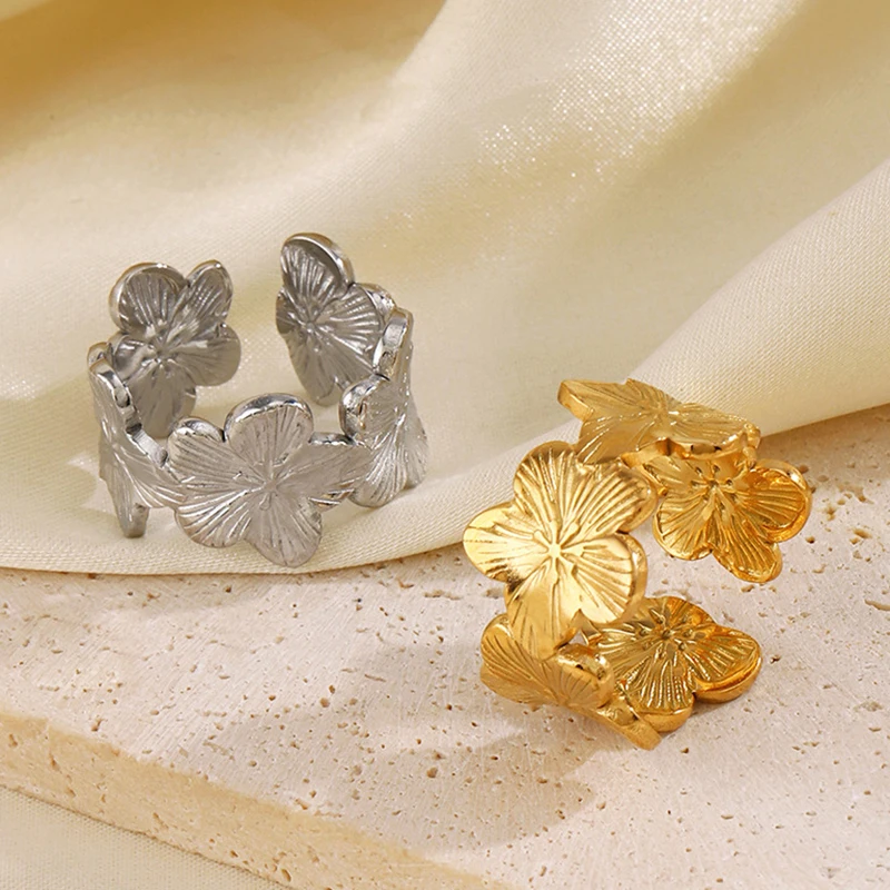Women's 18K Gold PVD Plated Flower Adjustable Opening Ring
