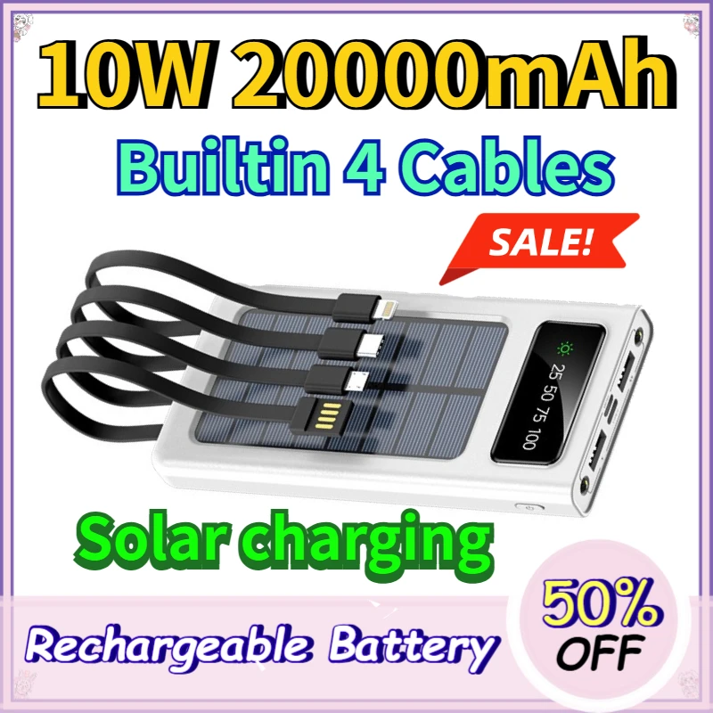 20000mAh Solar Power Bank with Built-in 4 Cables Portable Charger for Outdoor Travel High Capacity Battery Pack