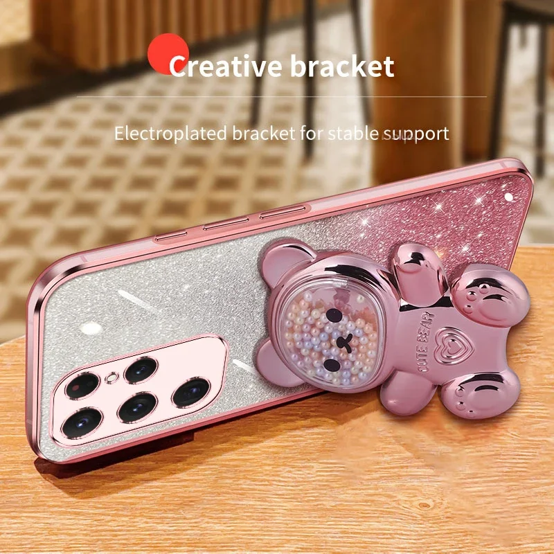 Liquid Sand Bear Phone Holder Case Cover for Samsung S24 Plus S23 Ultra S22 S21 S20 FE S10 Note 20 Ultra 10 Plating Clear Cases