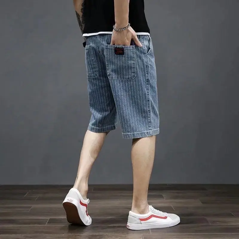 Men\'s Short Jeans Pants Long Big Size Stretch Male Denim Shorts Drawstring Half Bermuda Stripe Oversize With Vintage Blue