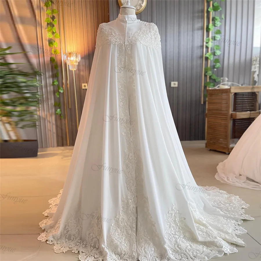 Batas De Mariée Grande Taille Dubai vestidos De novia musulmanes para mujer embarazada cuello alto manga larga vestidos De novia gasa encaje