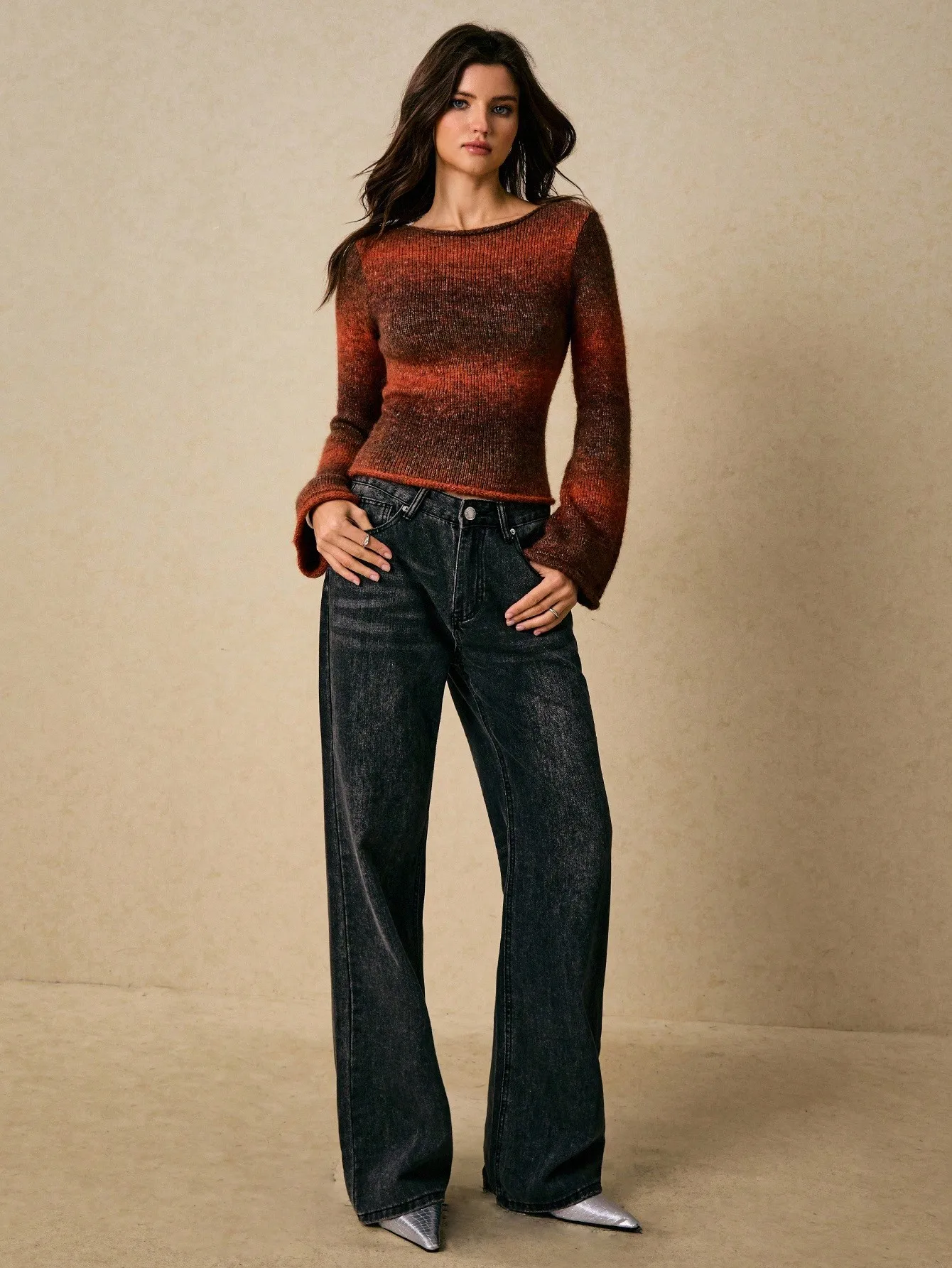 

Женский вязаный свитер омбре, уютный осенний топ с длинными рукавами-колокол и круглым вырезом