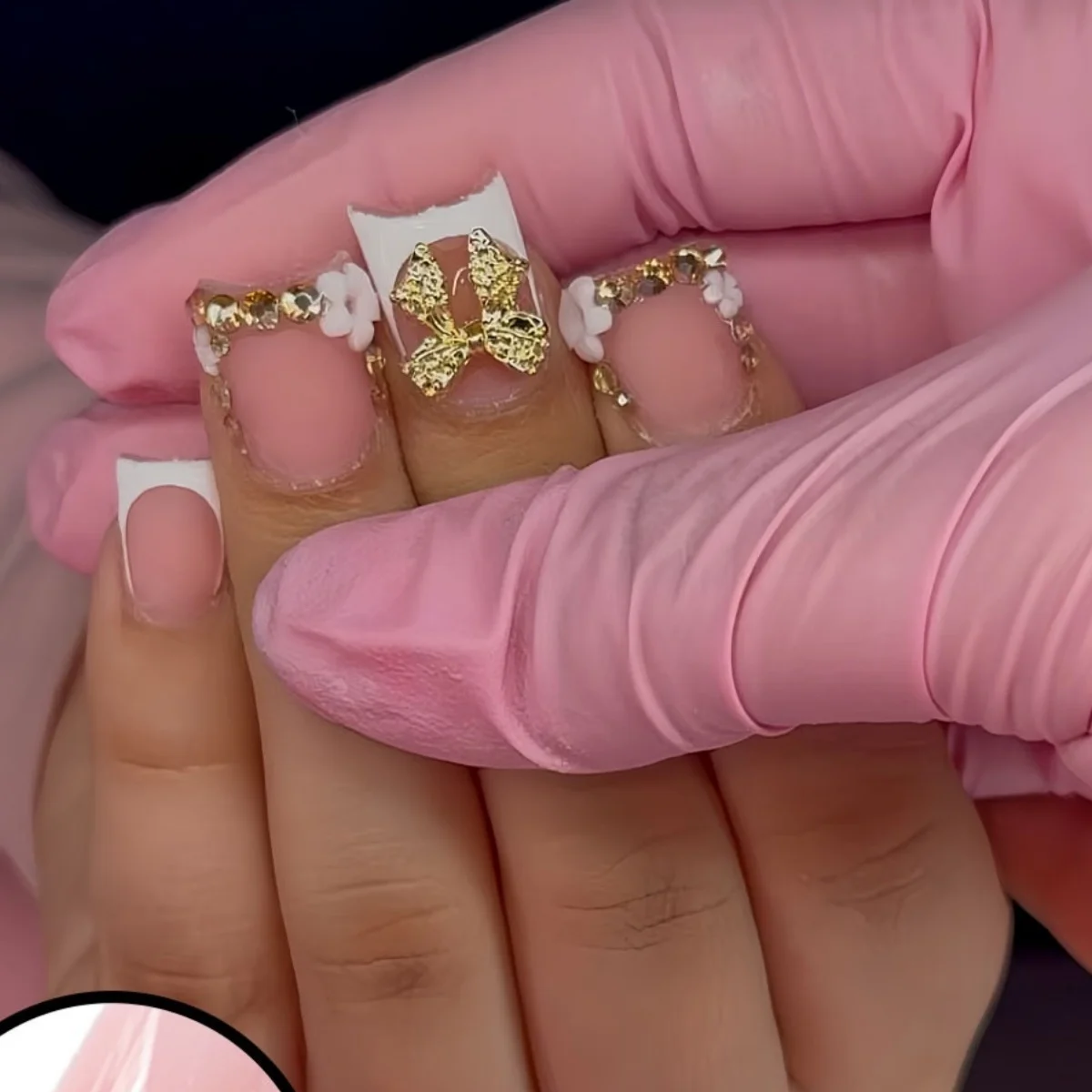 24 قطعة زهرة الصحافة على الأظافر الوردي منتصف طول مربع وهمية مسمار ليوبارد طباعة الفرنسية الأظافر كاذبة مع حجر الراين الباليه مانيكير #5