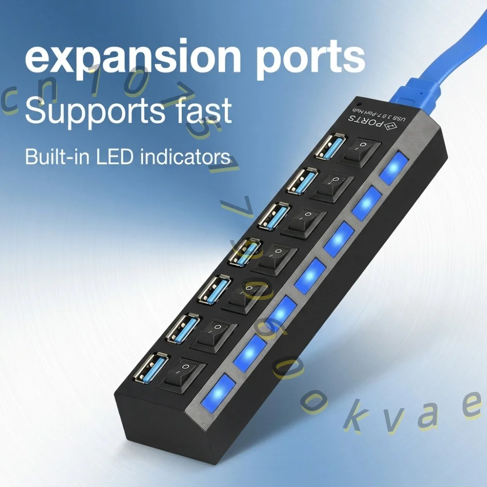 USB 3.0 Hub 4/7 Port Splitter with Independent Power Switch for External Hard Drives, U Disks, Cameras - Fast 5Gbps