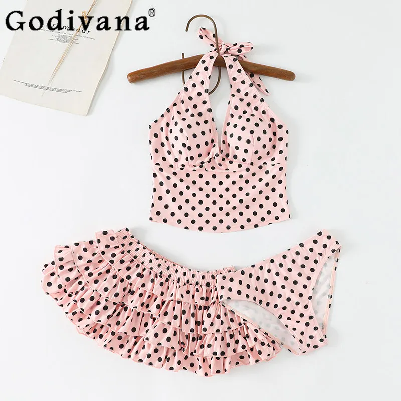 

Women's Sexy Neck Polka Dot Split Swimsuit Women's Ruffle Edge Swimwear Three-piece Slim Loli Hot Spring Vacation Swimming Suit