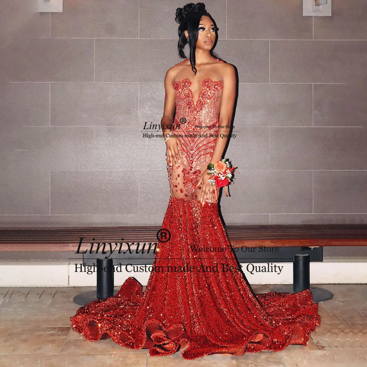 Sparkly Red Mermaid Long Prom Dress For Black Girls 2024 Crystal Evening  Party Gowns Glitter Rhinestones Vestidos de gala