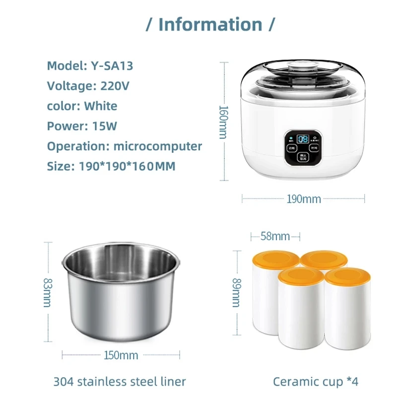 1L Electric Yogurt Maker Machine Automatic 3 in 1 Natto Rice Wine Machine Stainless Steel Liner DIY Yogurt Tools For Home 220V