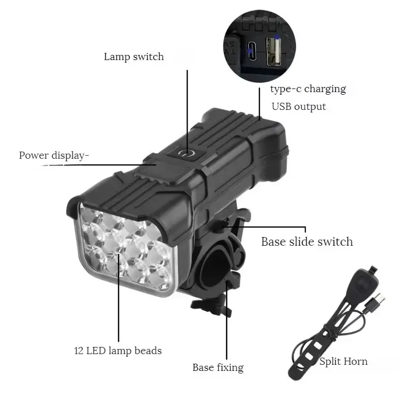 Bicycle Headlights with Horn 12 LED Bicycle Front Flashlight 140dB Loudly Speakers USB Rechargeable Waterproof Bike Lamp Bells - view 2