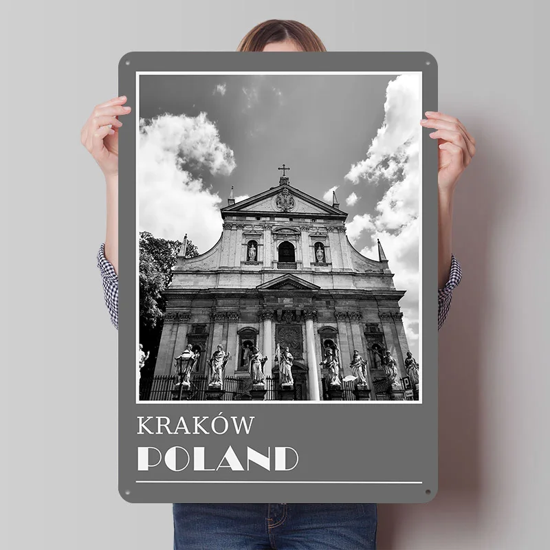 Krakow Church Facade Photo Travel Metal Poster Custom Wall Art Retro Vintage Tinplate Signs for Man Cave Mancave Decoration Home