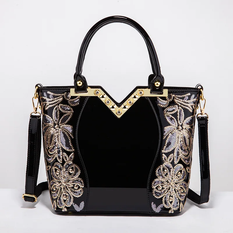 Fashion New Brand Designer Women Handbag Embroidered Bright Leather Shoulder Bag Tote Bag High-End Large-Capacity Messenger Bag