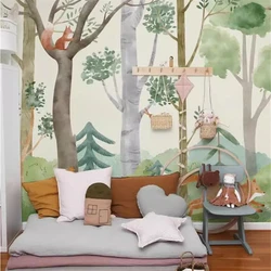 Custom Cartoon watercolor forest animal wallpaper for children's room background wall paper kindergarten playground home decor