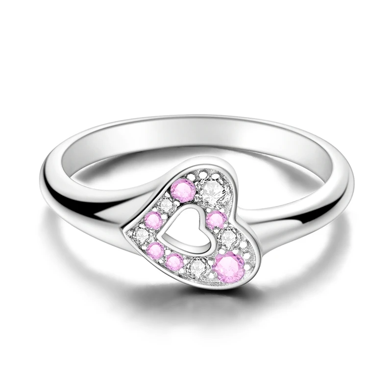 Original 925 Sterling Silver Ring Sparking Heart Shape Pink White Zircon Ring For Women Girls Jewelry Birthday Anniversary Gifts