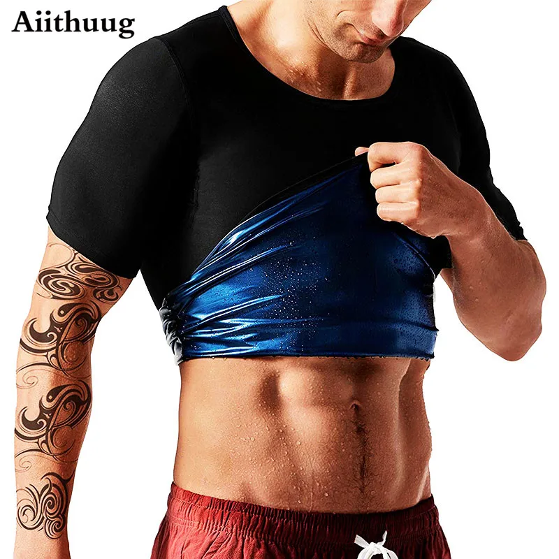 Aiithuug Men\'s Sauna Heat Trapping Shirt Sauna Sweat Top Short Sleeve Sauna Suit Workout Sauna Compression Waist Trainer Shirt