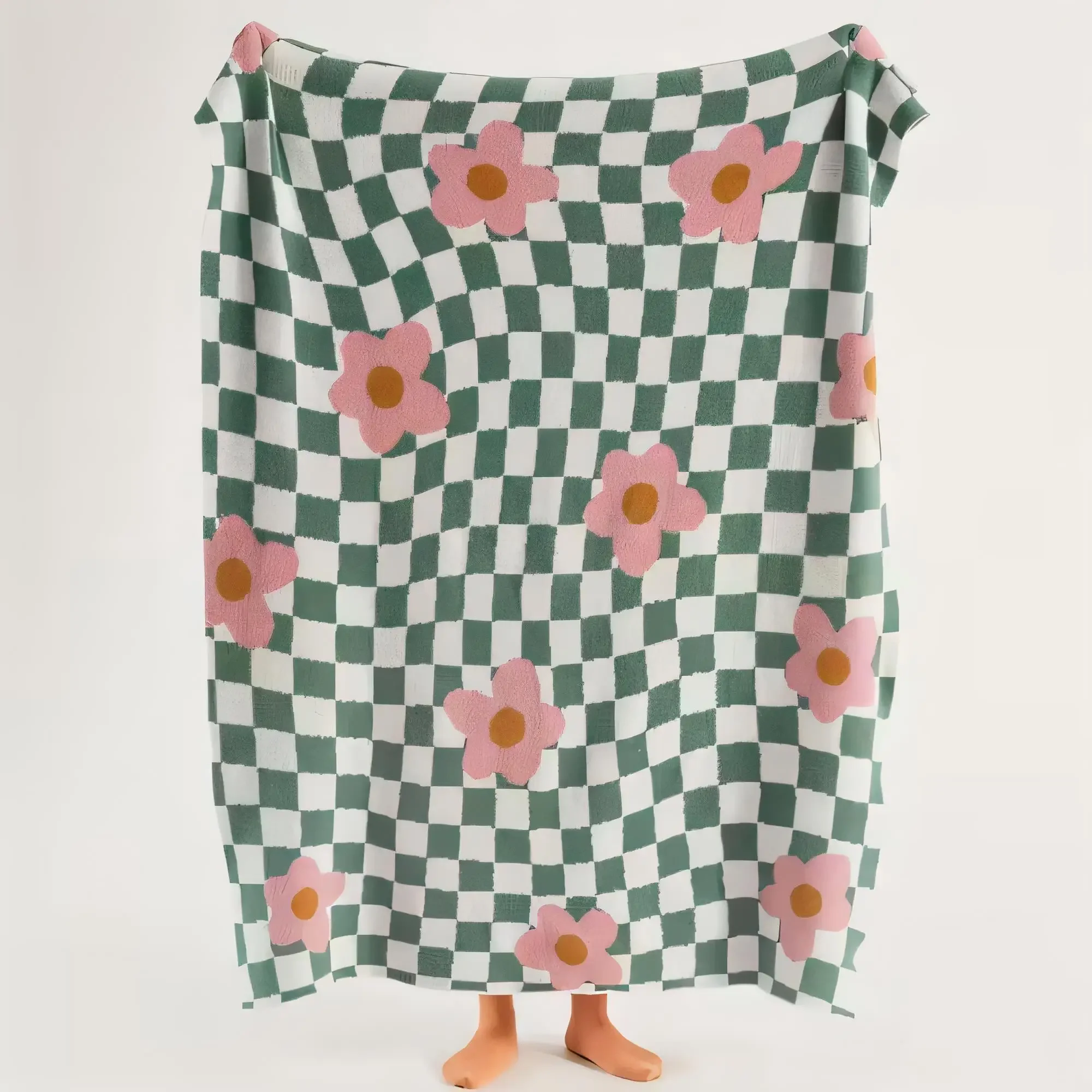 Green and White Checkered Blanket Floral Pattern with Pink Flowers Soft Cozy Throw Perfect for Sofa or Bed Lightweight Cheerful