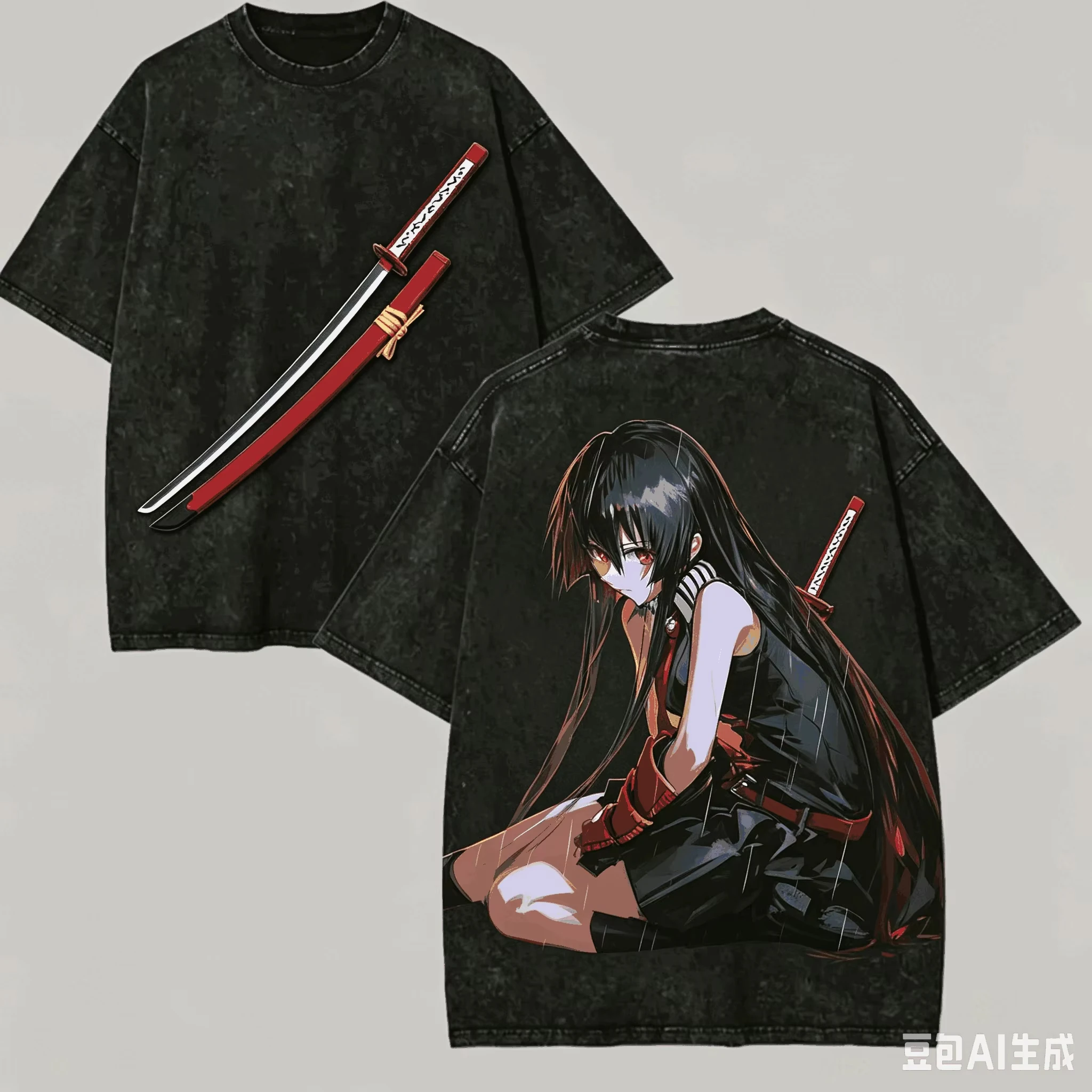 Camiseta Vintage Lavada de Akame Ga Kill con Gráfico de Esdeath en Ambos Lados, de Algodón, Cuello Redondo, Manga Corta, Unisex, Estilo Oversized Streetwear