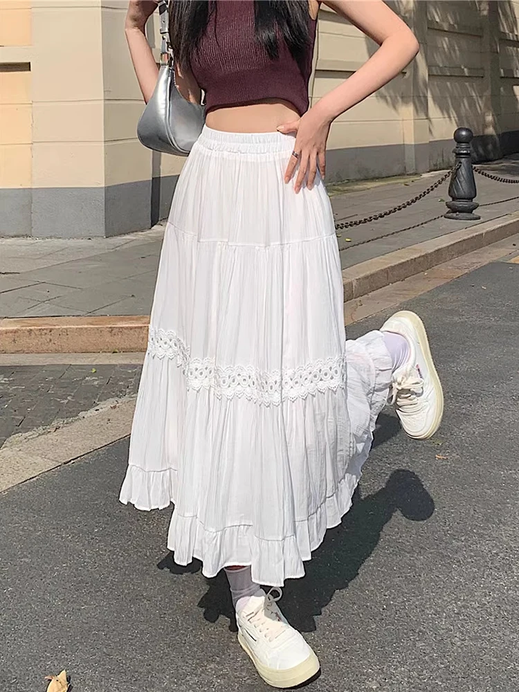 White Lace Long Skirt Women Korean Elegant Hollow Out Midi Skirt Female Fashion Patchwork Pleated High Waist A Line Skirt Ladies