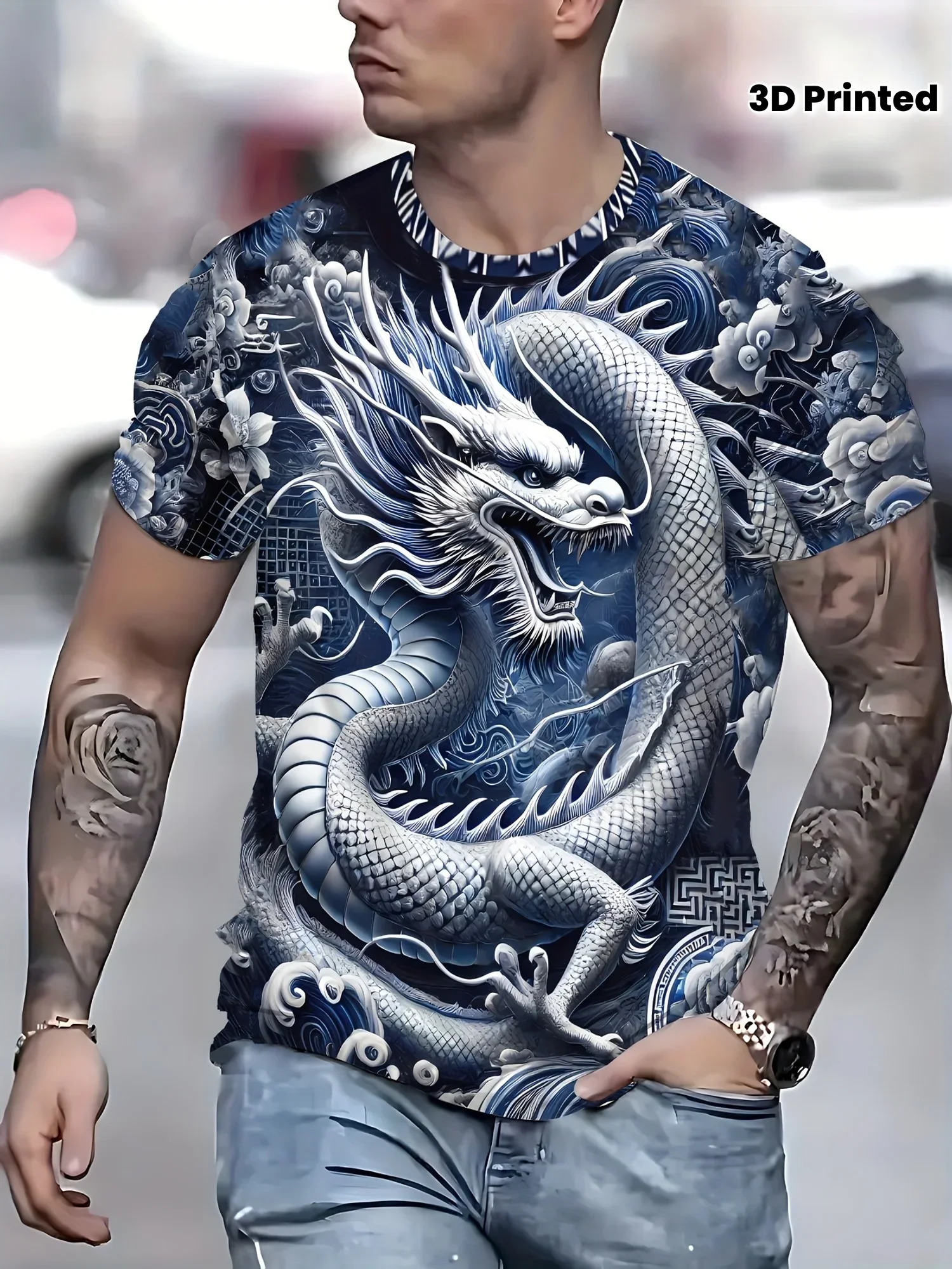 

Men's 3D Printed White Dragon T-Shirt - Short Sleeve Breathable Polyester Comfortable Fi Round Neck Tshirt 2025 New In