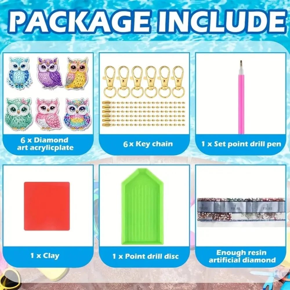 6Pcs/SetDIY Diamond Painting Keychain - Animal Owl Pattern, DIY Decoration, Diamond Kit Craft Supplies, Handmade Mosaic Painting view 6