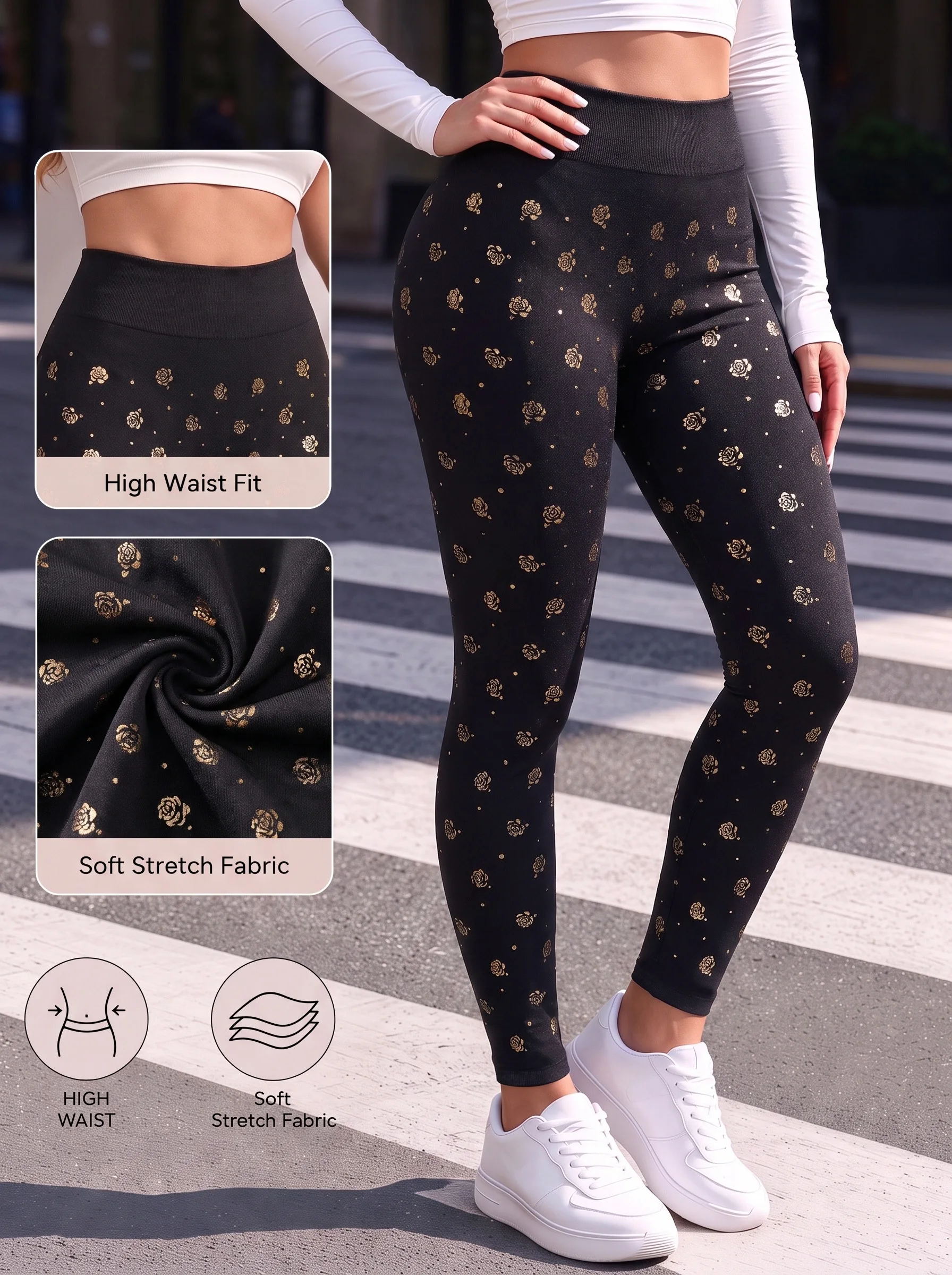 Women’s High Waist Gold Rose Print Leggings Soft High Elasticity Comfortable Casual Pants for Gatherings Shopping Outings