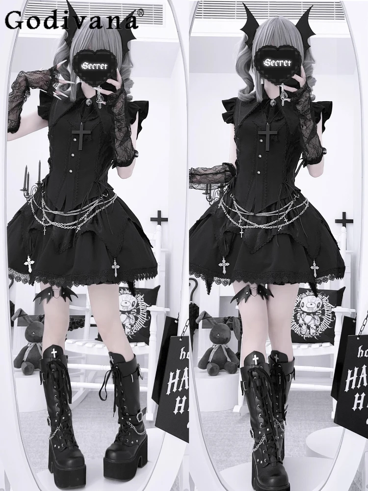 

Original Dark Subculture Gothic Short Sleeve Shirt Skirt 2-piece Set Summer 2025 Japanese Mine Girls Sweet Cool Lolita Outifits