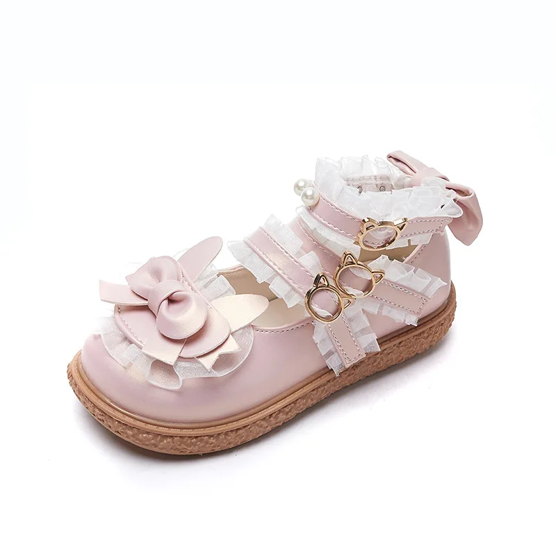 Girls Lolita Leather Shoes Spring Pearl Lace Children Soft Soled Single Shoes Kids Bowknot Princess Shoes Chaussure Enfant Fille