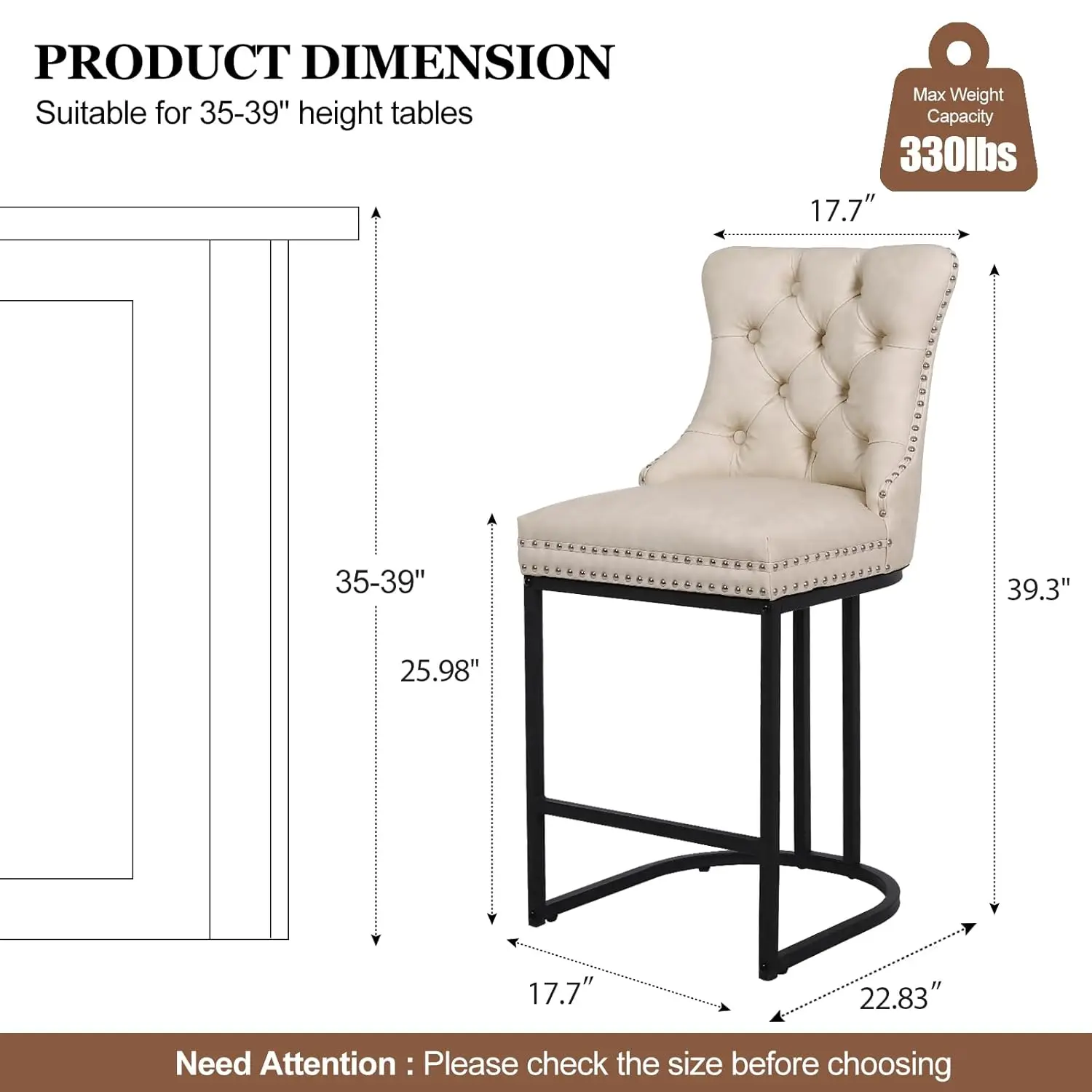 مجموعة مقاعد بار بارتفاع عداد مكونة من 4 قطع، مقاعد بار حديثة مقاس 26 بوصة مع ظهر، كراسي منجدة من الجلد الصناعي بأرجل معدنية
