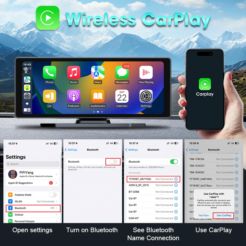 كاميرا داش كام 4K DVR لاسلكية بحجم 8.1 بوصة مع كار بلاي وأندرويد أوتو، ملاحة GPS، مسجل فيديو بعدستين، شاشة مع واي فاي 5G، بلوتوث وFM​