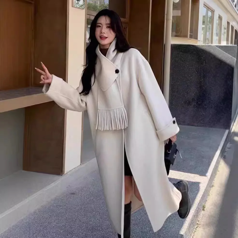 

Tassel scarf collar double-sided wool coat long and thick 2024 autumn and winter new loose and high-end woolen coat