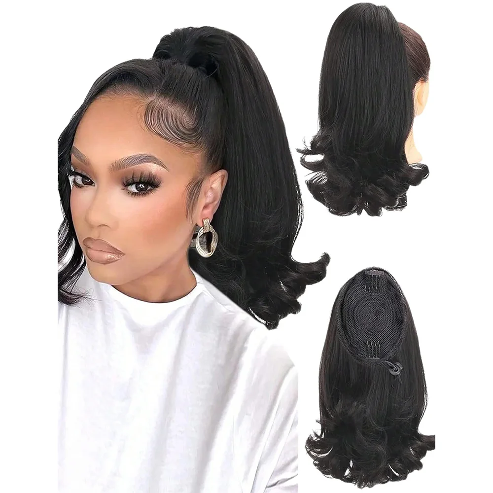 Cola sintética deformado para mujer y niña, postizo liso y rizado de 16 ", extensión de cabello con cola de caballo con cordón, uso diario para fiestas, color negro Natural