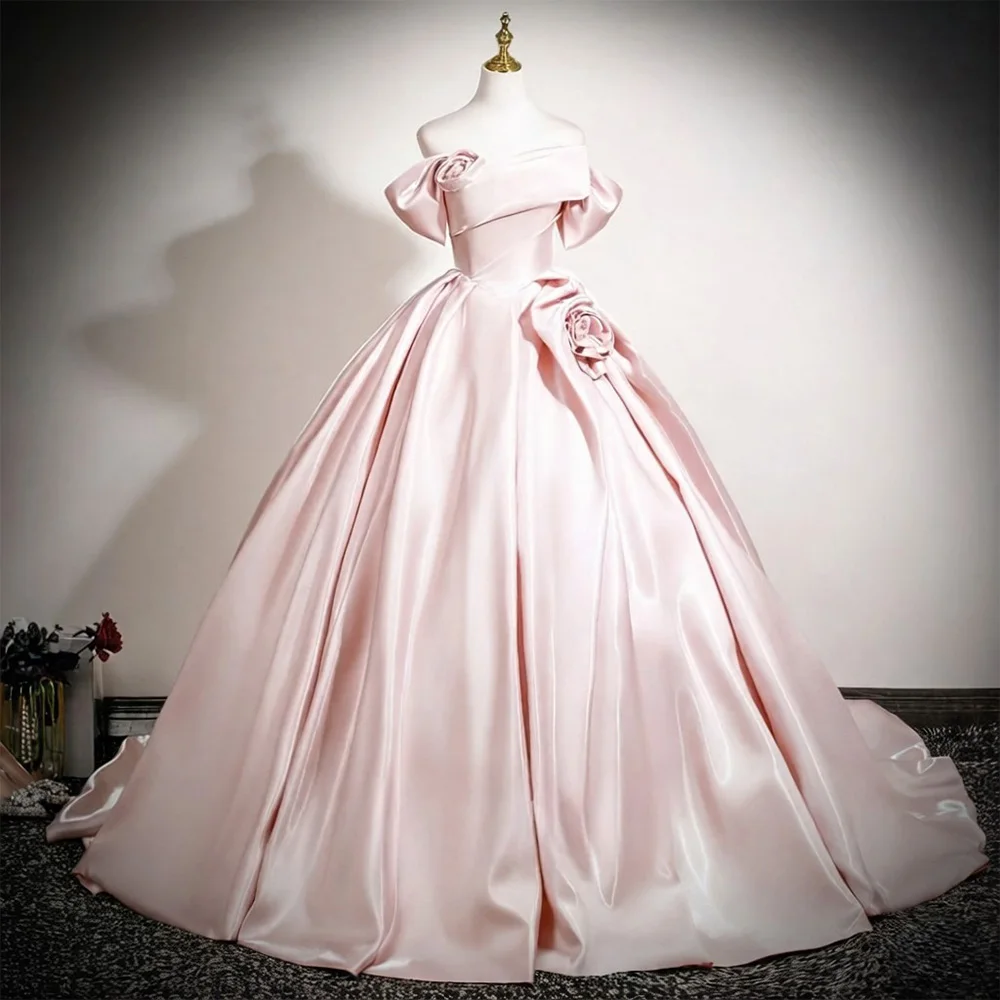 

Pink Satin Off the Shoulder Evening Dress Customized Elegant A-Line Party Gowns High Quality Flowers Short Sleeves Prom Dress