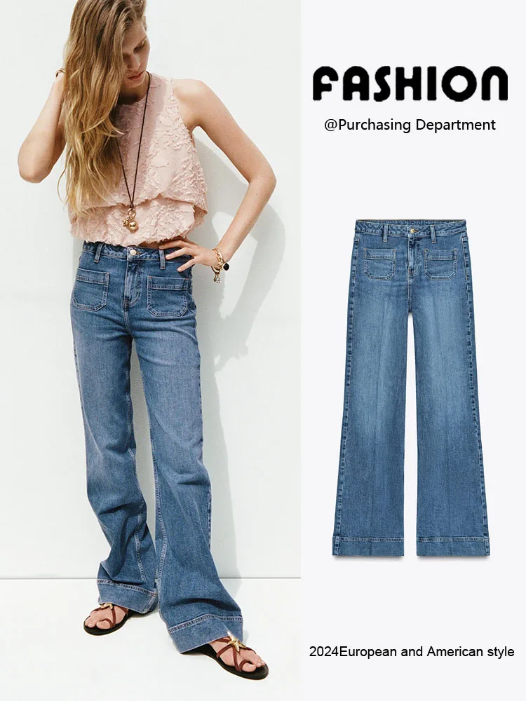 

Spring New Faion High Waist Straight Leg Casual Denim Jeans Women's Versatile Sli Patch ket Decorated Loose Fit Long...